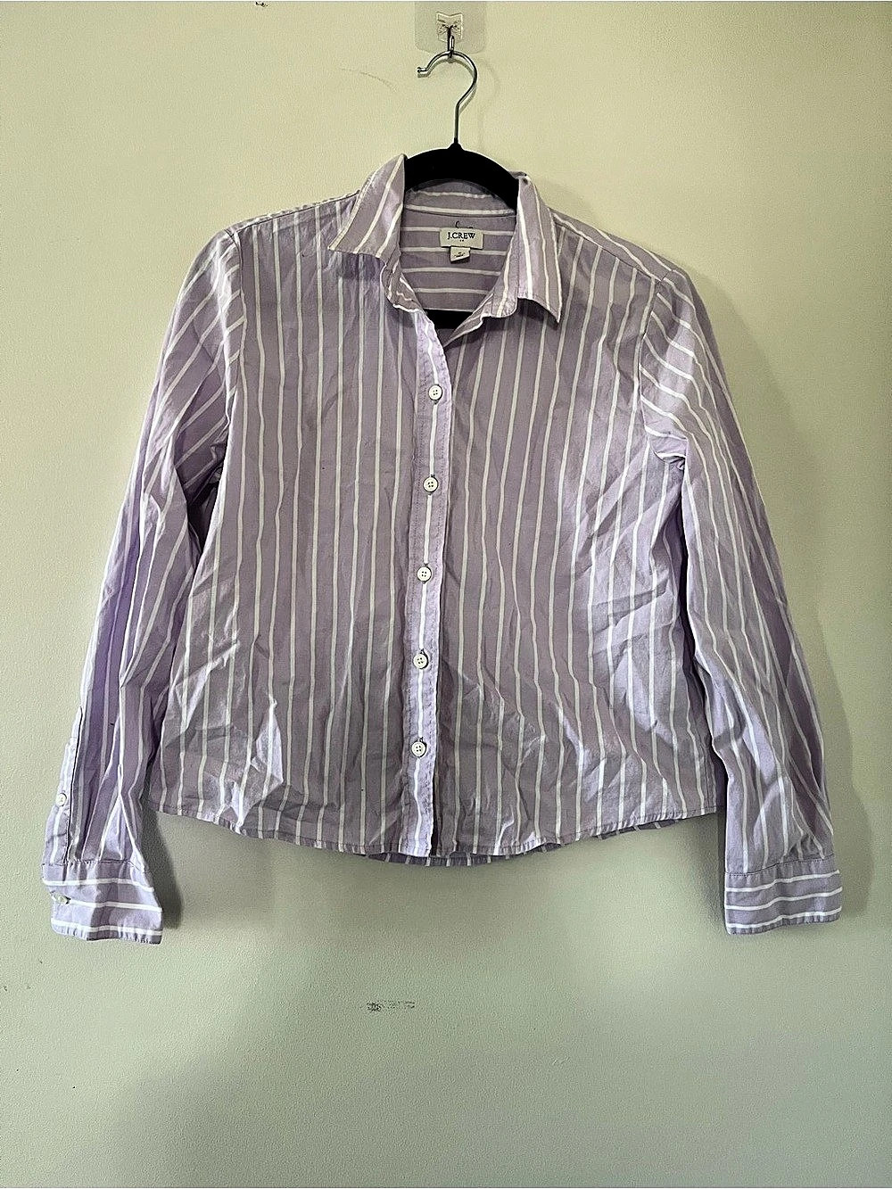 J Crew 100% Cotton Purple White Striped Cropped Button Down Shirt Small Preppy